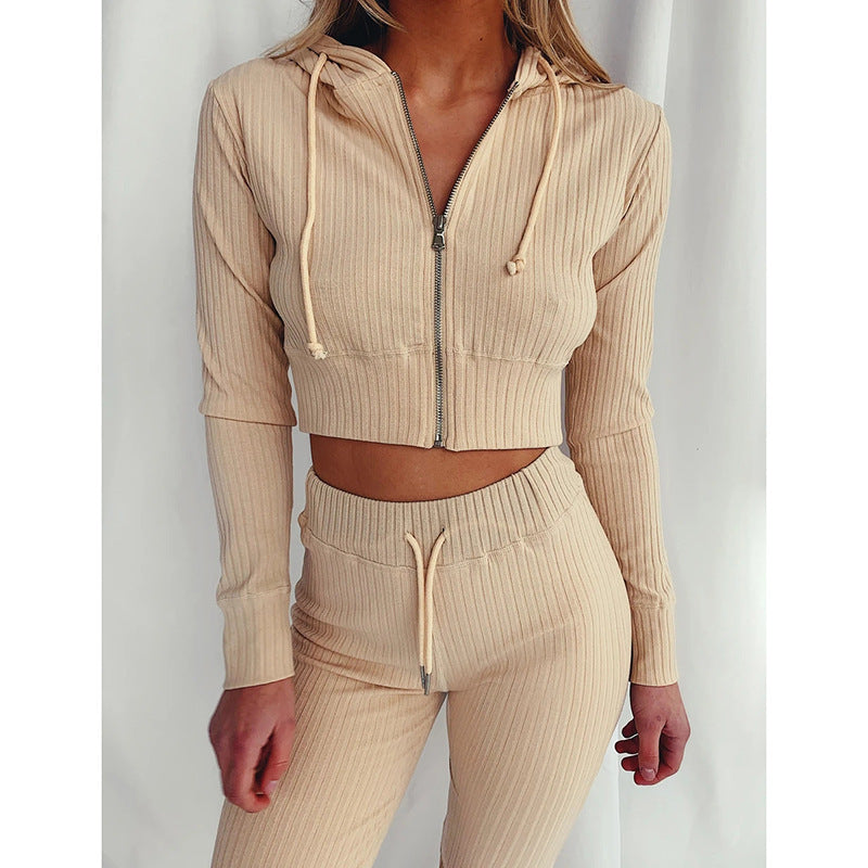 Damen Sportliches Hoodie-Set Feines Rippdesign Hochwertig Beige