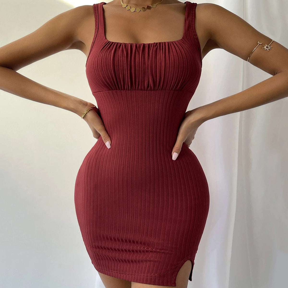 Eveloria Damen Rippkleid Quadrat-Ausschnitt Hoch-Schlitz Figurbetont - Eveloria