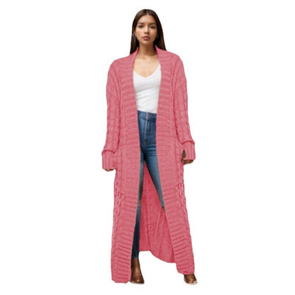 Damen Strickcardigan Lang Zopfmuster