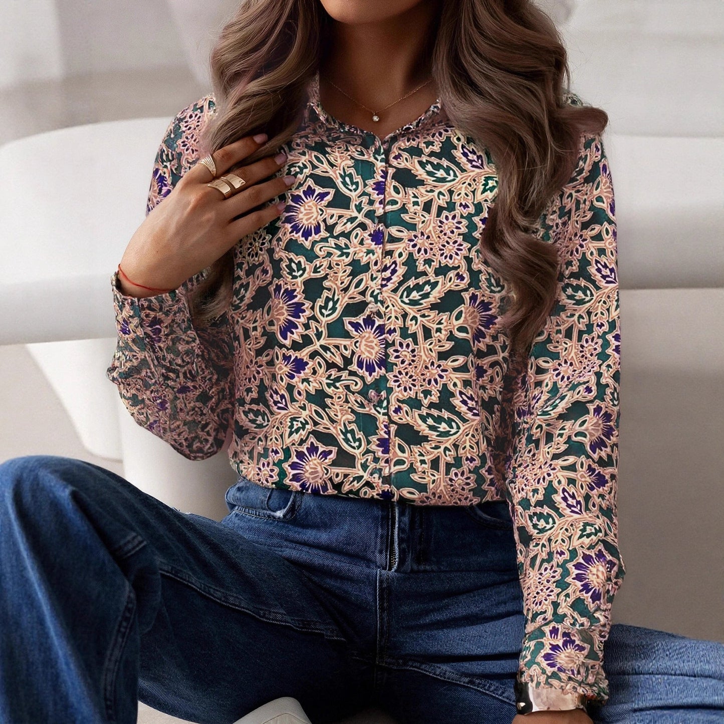 Damen Bluse mit Floralmuster Verlängerter Saum Eveloria