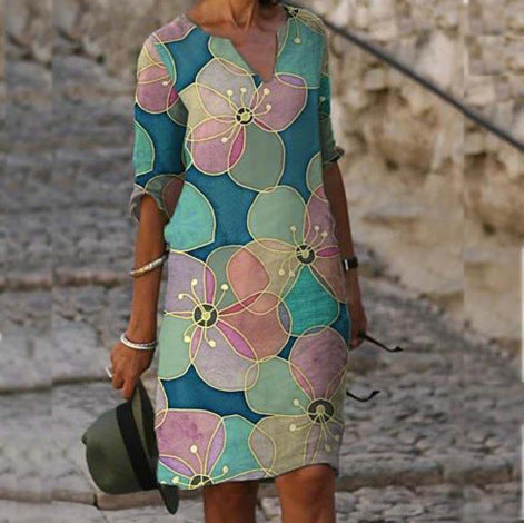 Damen V-Ausschnitt Kleid Floralmuster Kurzärmlig Eveloria