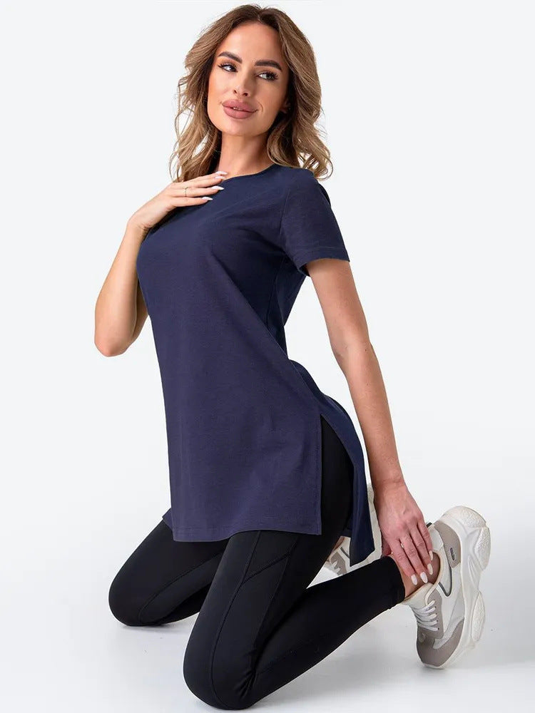 Damen Longline T-Shirt mit Schlitzen Hochwertiges Baumwoll-Material