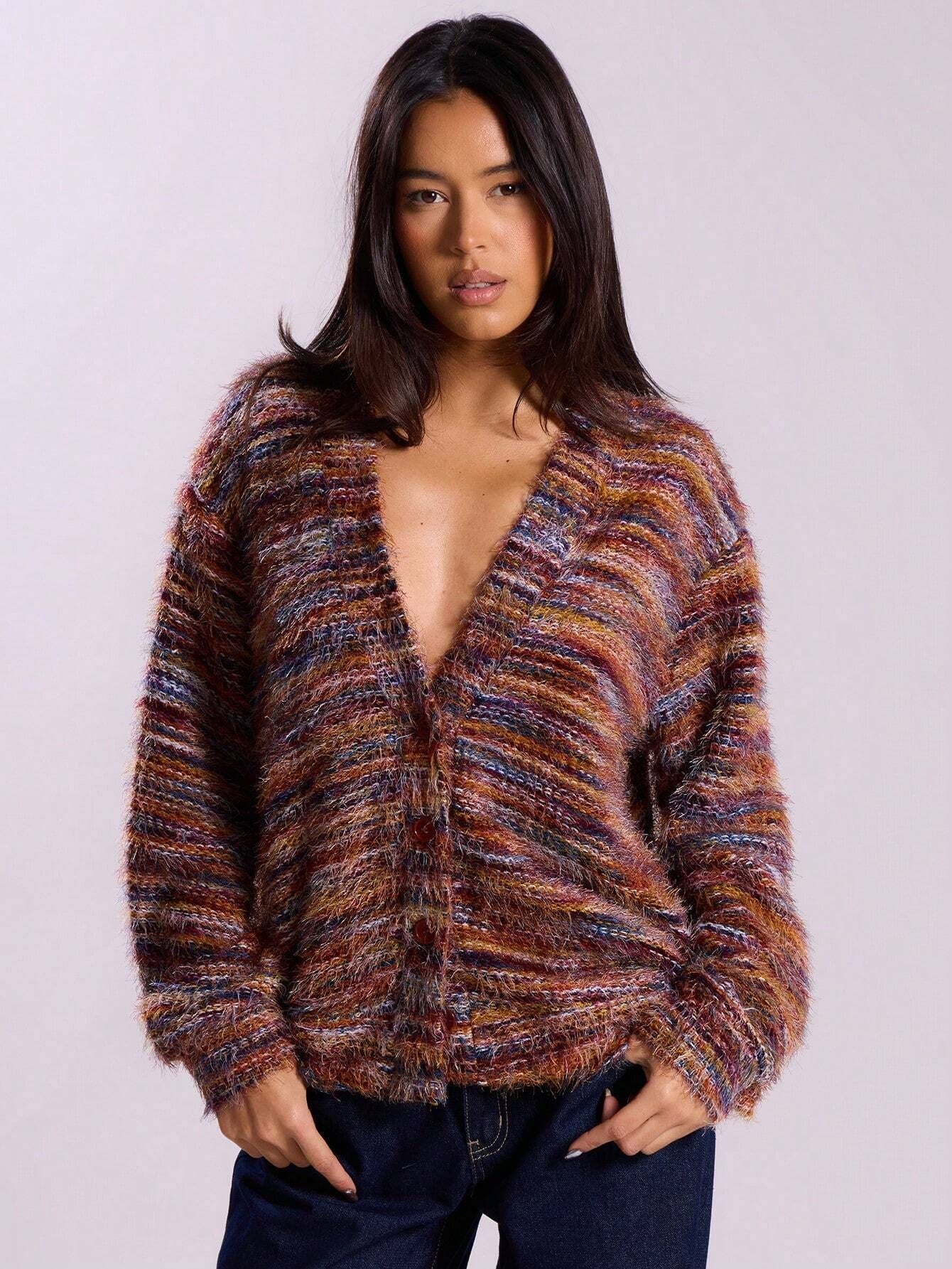 Damen Strickpullover V-Ausschnitt Luftig Farbverlauf