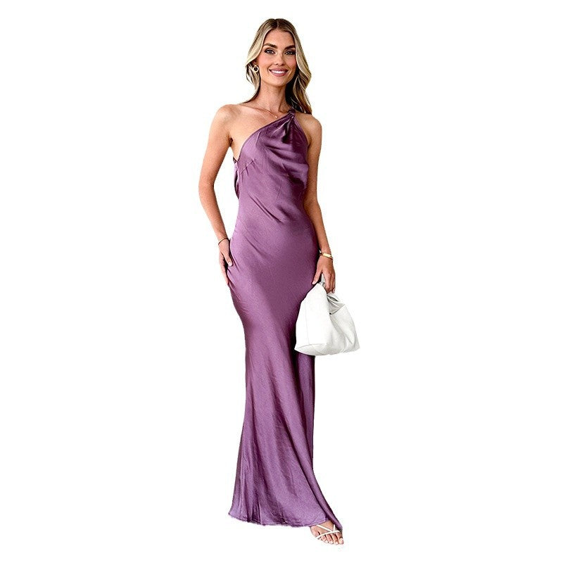 Damen Maxikleid Asymmetrischer Träger Fließender Schnitt