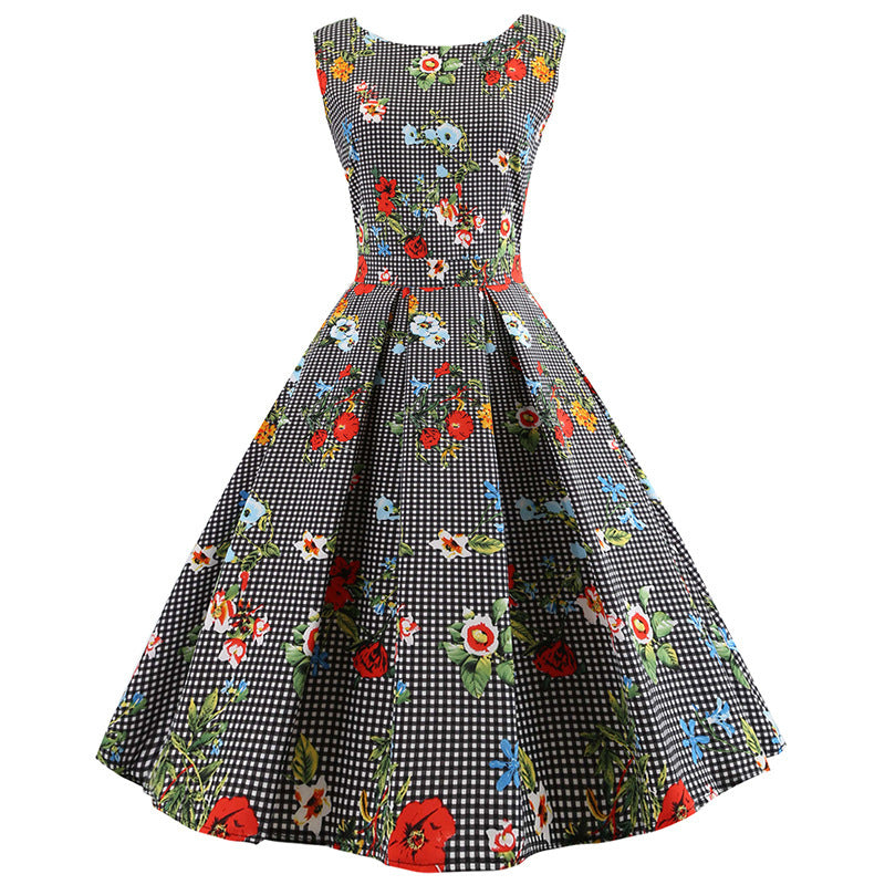 Damen A-Linien Kleid mit Blumenmuster und Karomuster