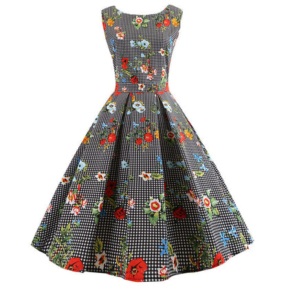 Damen A-Linien Kleid mit Blumenmuster und Karomuster