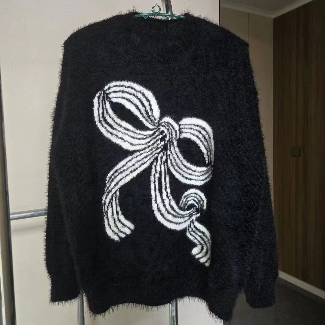 Damen Pullover Kuschelig Schleifenmuster Grau