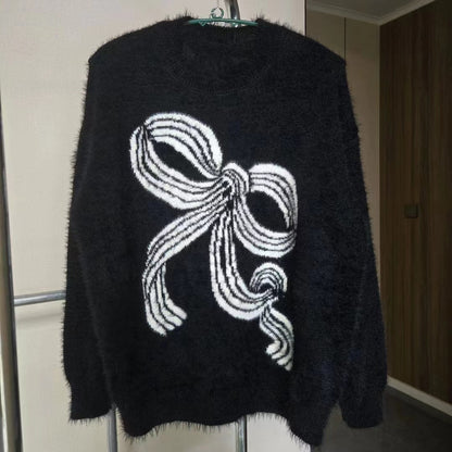 Damen Pullover Kuschelig Schleifenmuster Grau