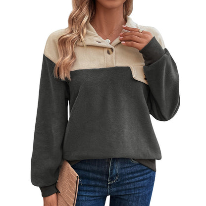 Damen Fleecepullover mit Knöpfen und Taschen Grau