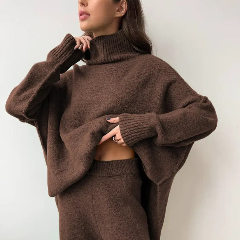 Damen Strickpullover Set Hochkragen Weit Schnitt Eveloria