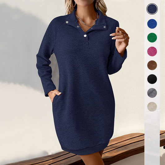 Damen Sweatkleid Hohem Kragen Knopfdetails Grau Eveloria - Eveloria