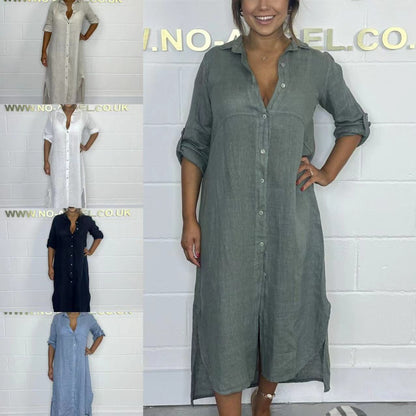 Damen Leinenkleid Atmungsaktives Leinen Mit Seitenschlitzen Beige - Eveloria