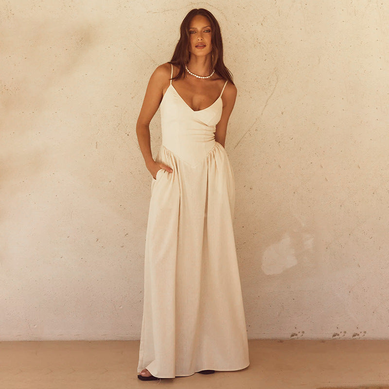 Damen Sommerkleid Langes Spitzenkleid mit Spaghettiträgern