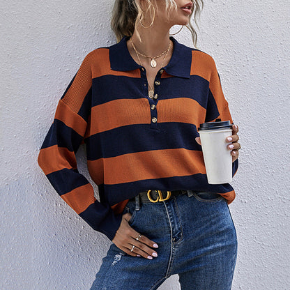 Damen Oversized Pullover Streifenmuster Knopfleiste - Eveloria