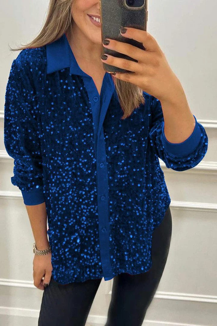 Damen Paillettenbluse Klassischer Kragen Glitzer Effekt