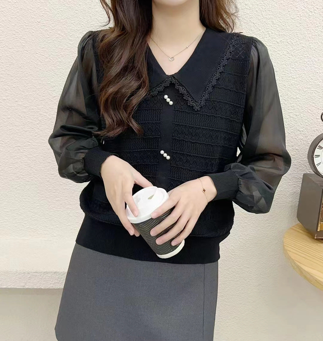 Damen Bluse Spitzenkragen Dekorative Knöpfe