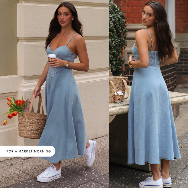 Damen Midikleid Schmale Träger Taillierte Silhouette Eveloria - Eveloria