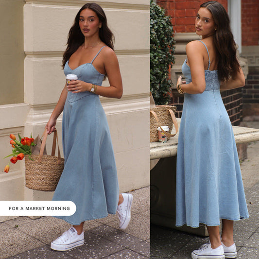 Damen Midikleid Schmale Träger Taillierte Silhouette Eveloria - Eveloria