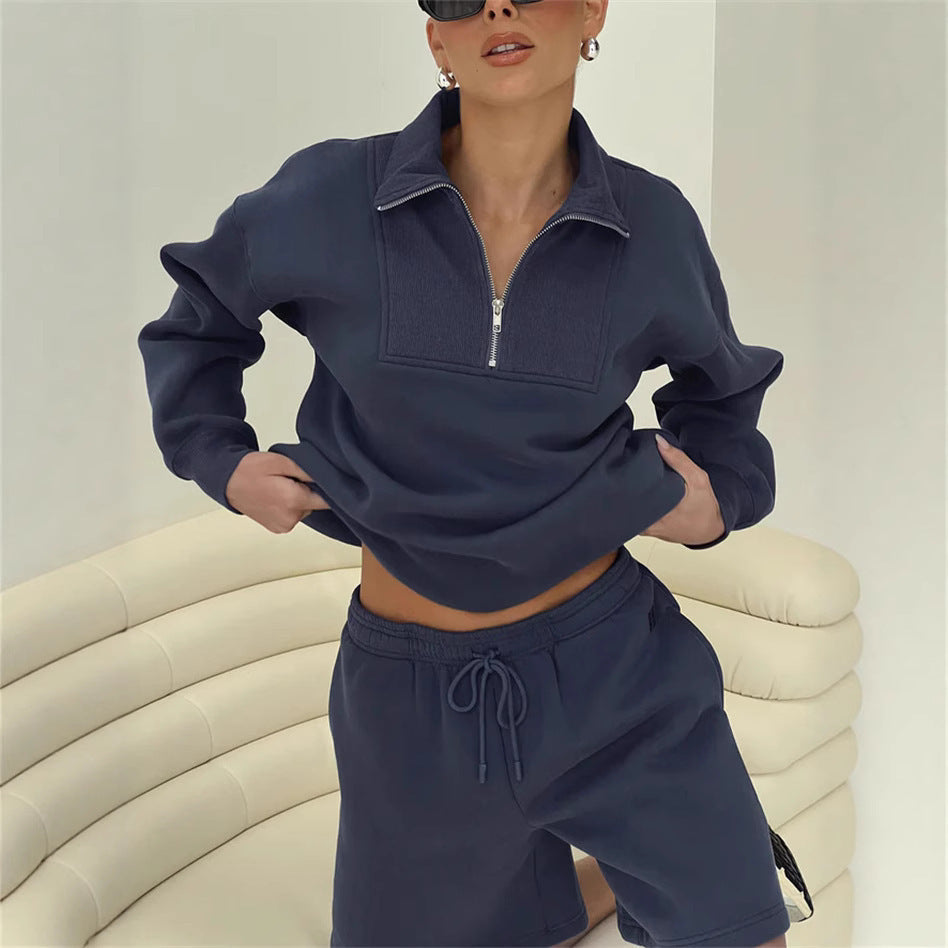 Damen Sweatshirt-Short-Anzug Stehkragen Reißverschluss Grau