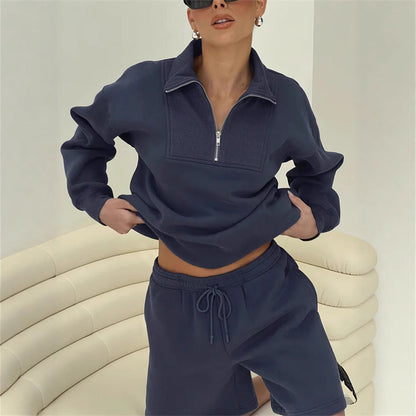 Damen Sweatshirt-Short-Anzug Stehkragen Reißverschluss Grau