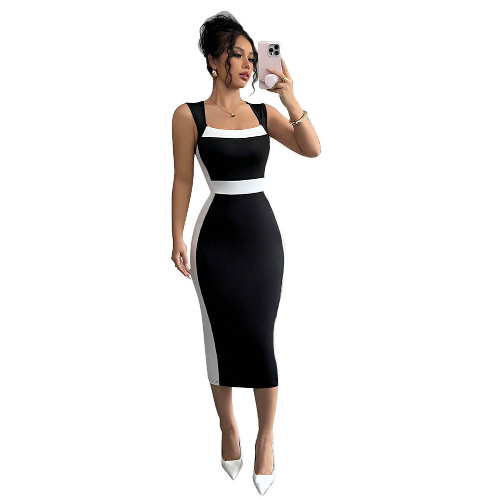 Eveloria Damen Midi-Kleid Figurbetont Kontrastschnitt