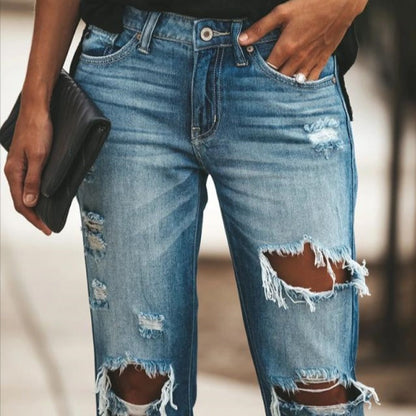 Damen Slimfit Jeans Destroyed Ausfransungen Dunkelblau Eveloria