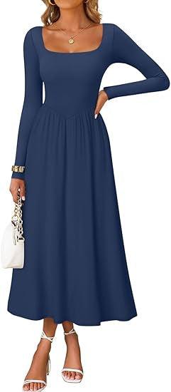 Damen Midi-Kleid mit Quadratausschnitt und langen Ärmeln Eveloria