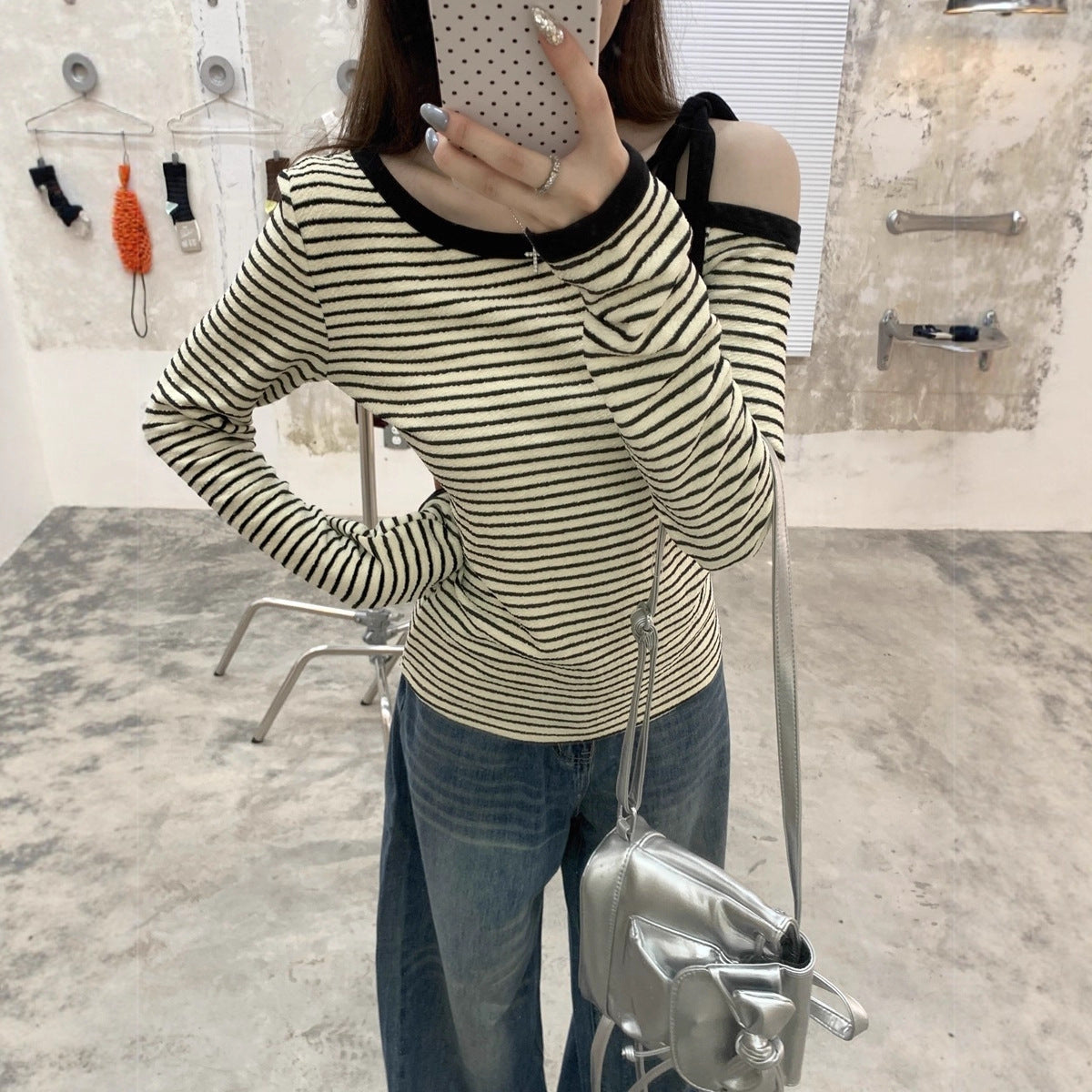 Damen Langarmshirt Asymmetrisch mit Trägerdetail