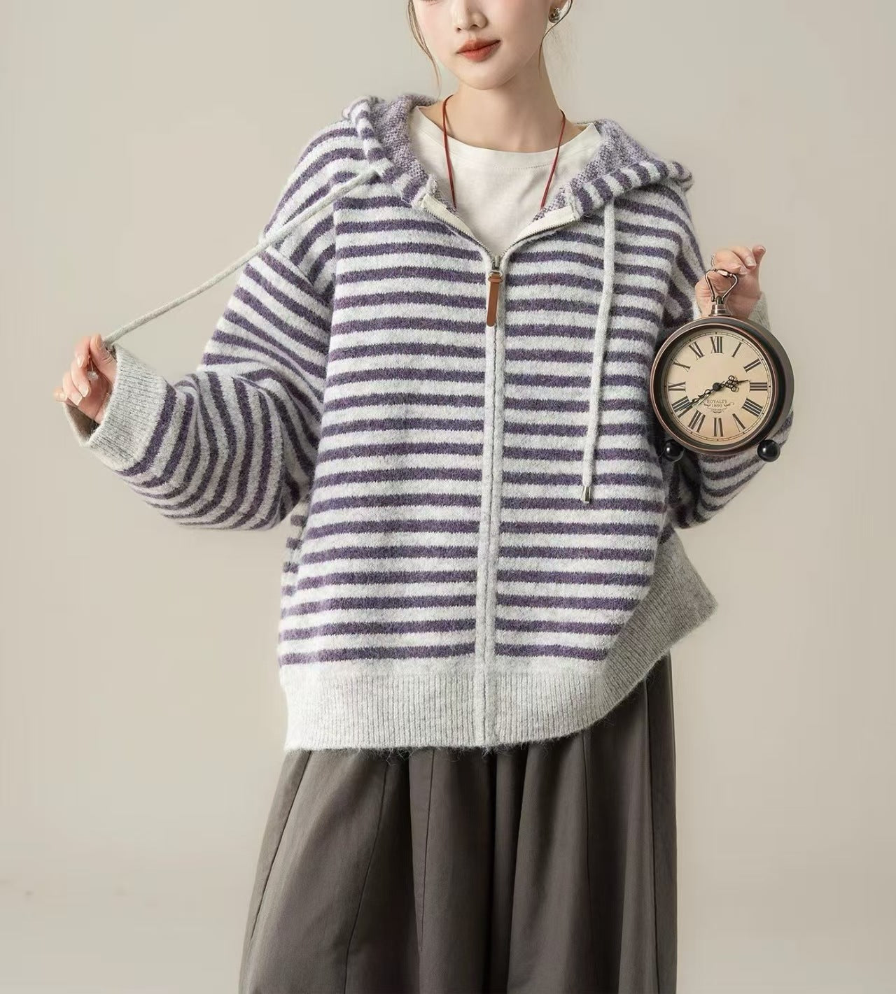 Damen Hoodie Gestreift Kängurutasche Reißverschluss -Weiß