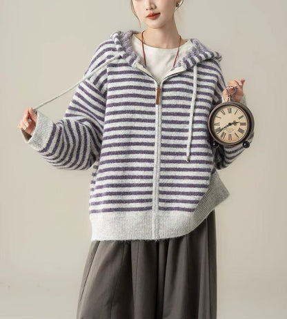 Damen Hoodie Gestreift Kängurutasche Reißverschluss -Weiß