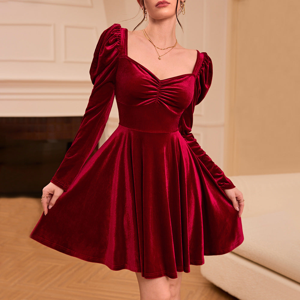 Damen Elegantes Samt Minikleid Puffärmel V-Ausschnitt Eveloria