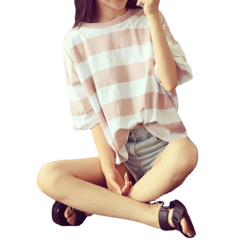 Damen Oversize-T-Shirt Baumwollmix Streifen Leicht Beige