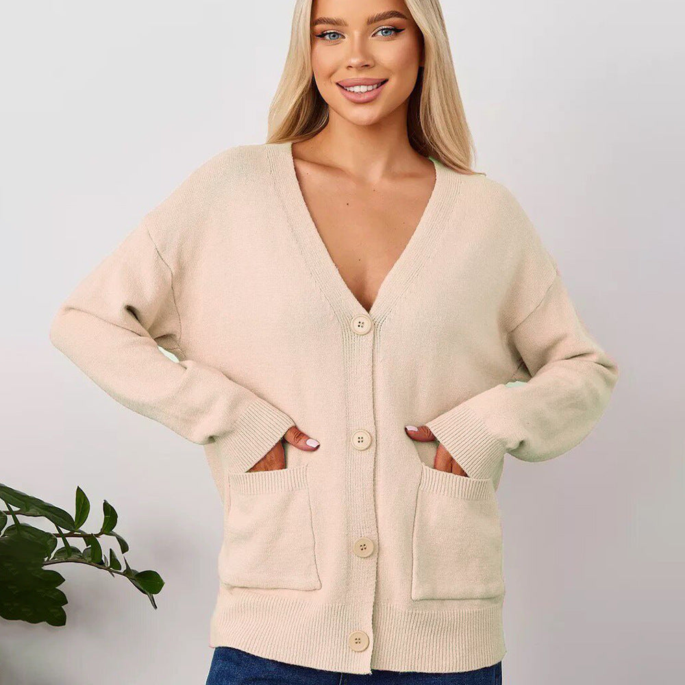 Damen Strickcardigan V-Ausschnitt Taschen Beige