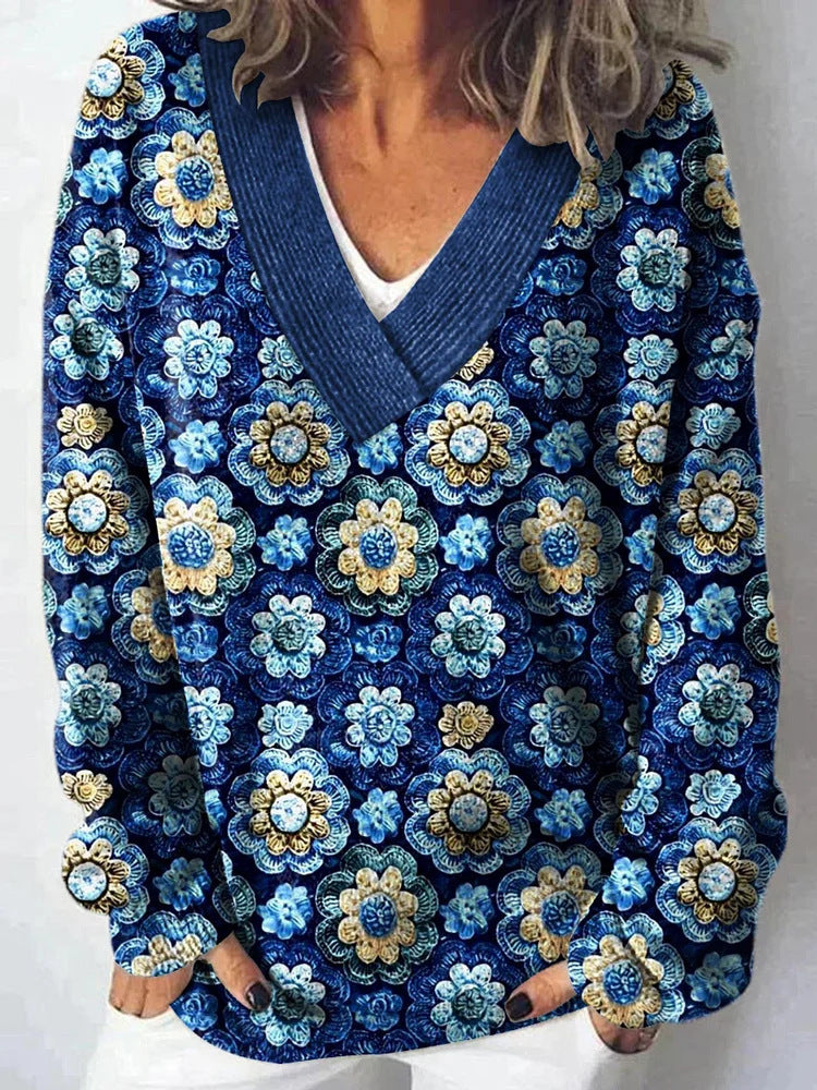 Damen Pullover V-Ausschnitt Floralmuster Lässig Eveloria