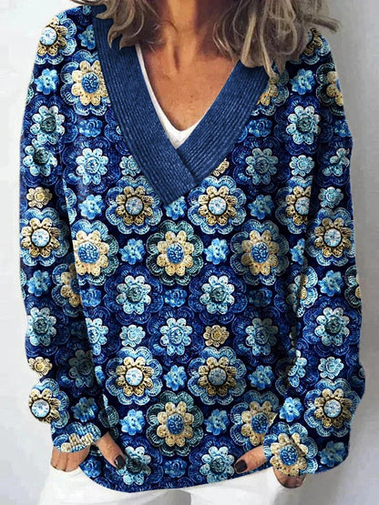 Damen Pullover V-Ausschnitt Floralmuster Lässig Eveloria