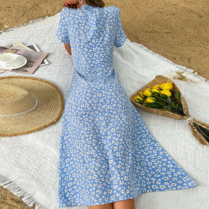 Damen Blumenkleid mit Knöpfen und Seitenschlitz