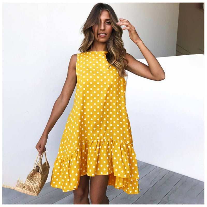Damen A-Linien Kleid mit Rüschensaum und Punkten Sommerlich Eveloria