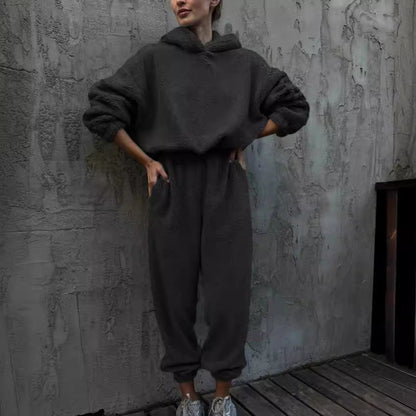 Damen Fleece-Loungewear-Set Elastischer Bund Hoher Kragen Grau