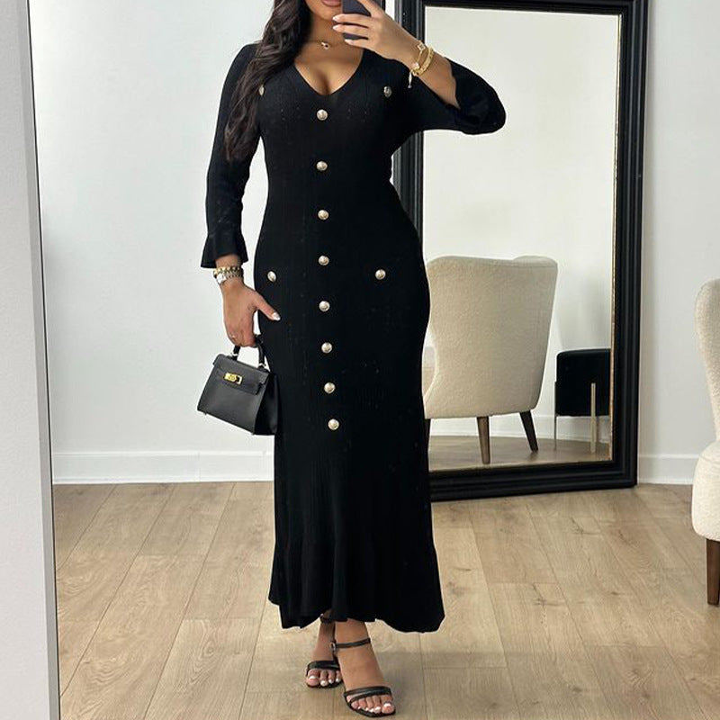 Damen Maxikleid Elegant Knopf-Design Rippstrick