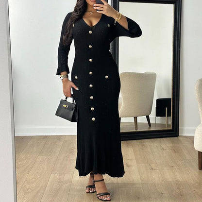 Damen Maxikleid Elegant Knopf-Design Rippstrick