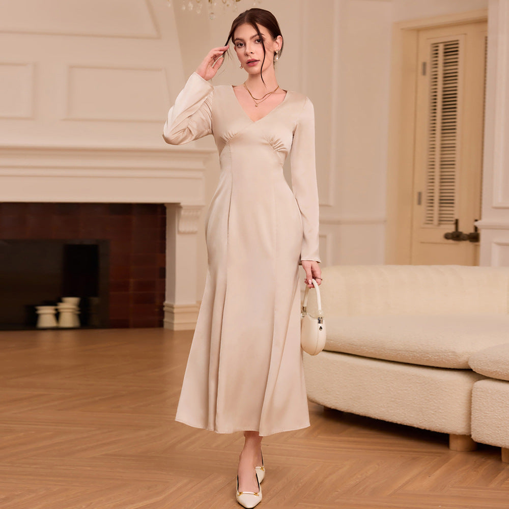 Damen Midi-Kleid V-Ausschnitt Lange Ärmel Eveloria