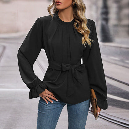 Damen Bluse Rüschendetails Taillengürtel Eveloria