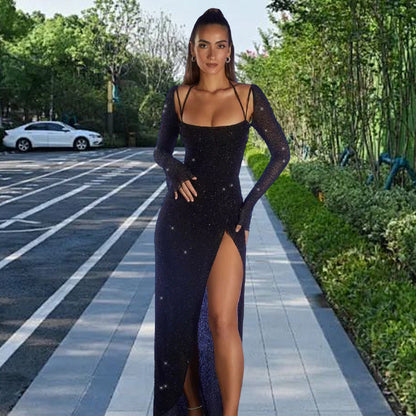 Damen Maxikleid Schimmerndes Kleid mit Seitenschlitz