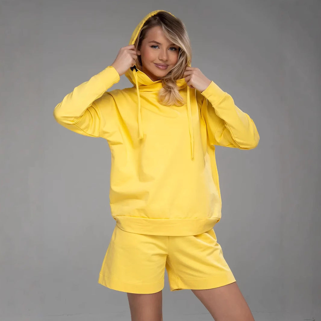 Damen Hoodie Set mit Kängurutasche und Shorts Baumwolle Beige - Eveloria