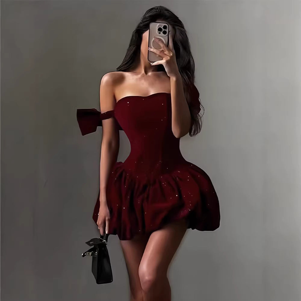 Damen Cocktailkleid Schulterfrei Glitzernd Eveloria