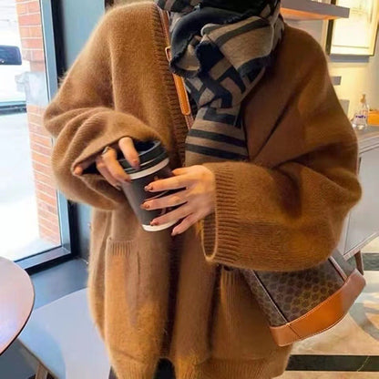 Damen Strickjacke Offene Fronten Praktische Taschen Kuschelig Grau