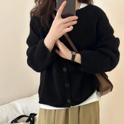 Damen Strickjacke Weich Dekorative Knöpfe Beige