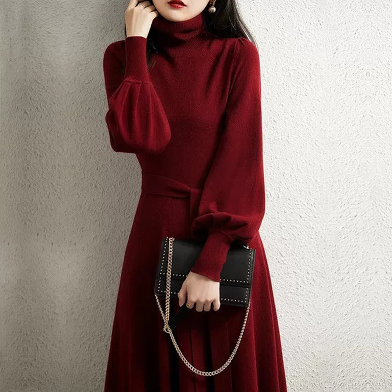 Damen Strickkleid Hohler Kragen Taillierter Gürtel