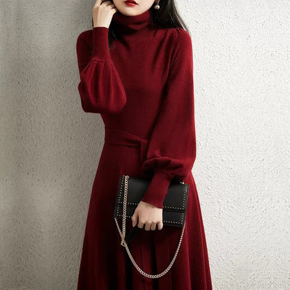 Damen Strickkleid Hohler Kragen Taillierter Gürtel
