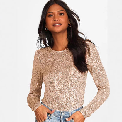 Damen Glitzerbodysuit Langer Ärmel Schimmerstoff Eveloria